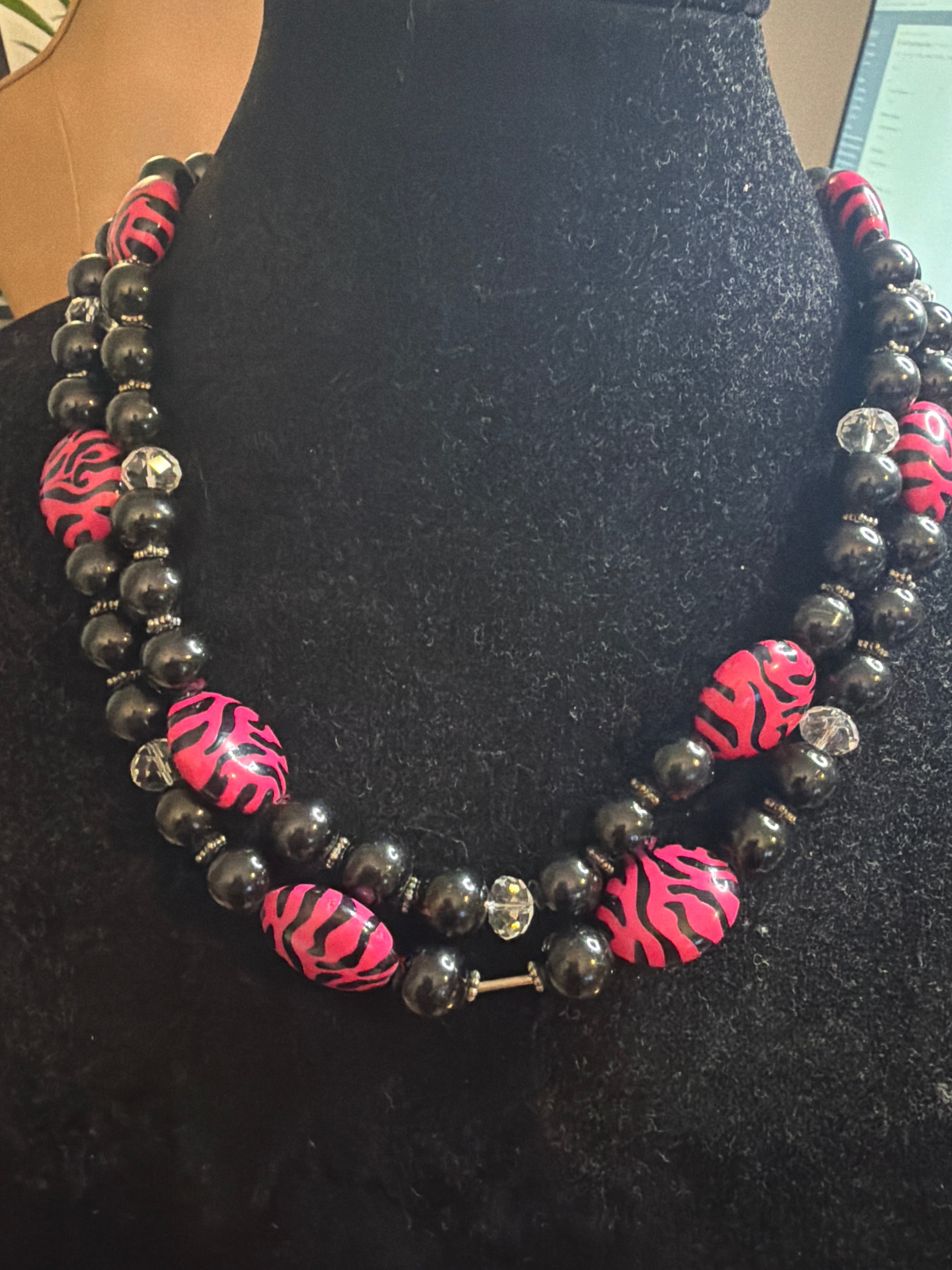 Black and Pink Animal Print Glass Beads