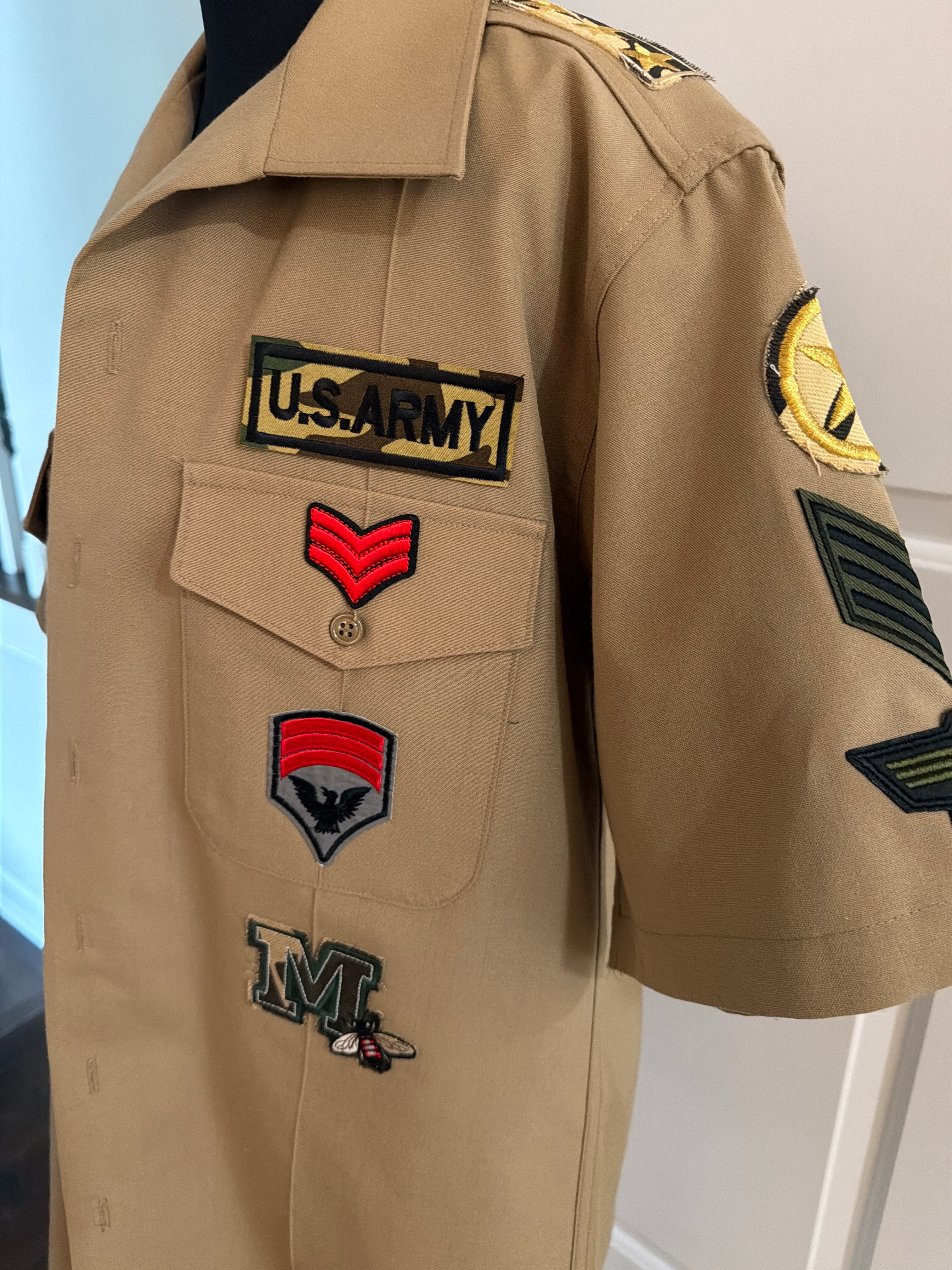 Military Grade Short Sleeved Tan shirt with JayLady ironed on patches, $14.00, size XL (feels like M/L)