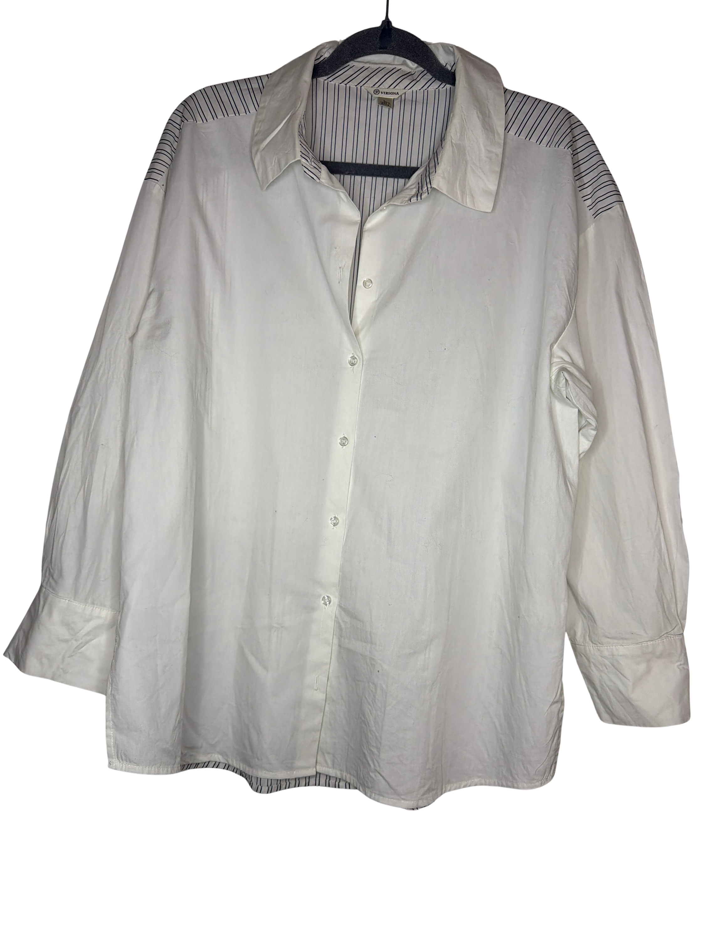 Versona, cream and black striped shirt, size L, $7.00