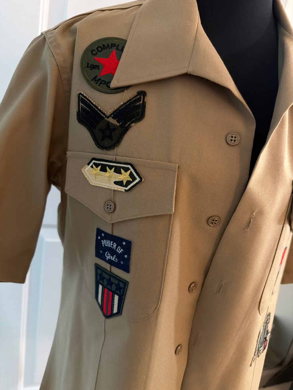 Military Grade Short Sleeved Tan shirt with JayLady ironed on patches, $14.00, size XL (feels like M/L)