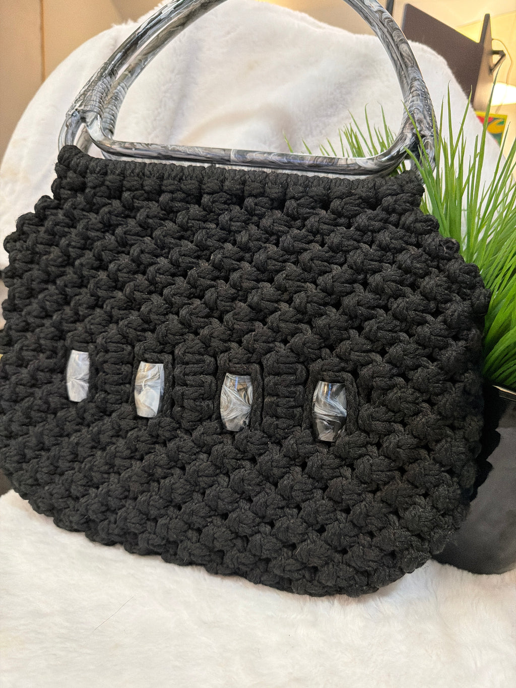 Black and grey stone Maccrome Bag, $25.00