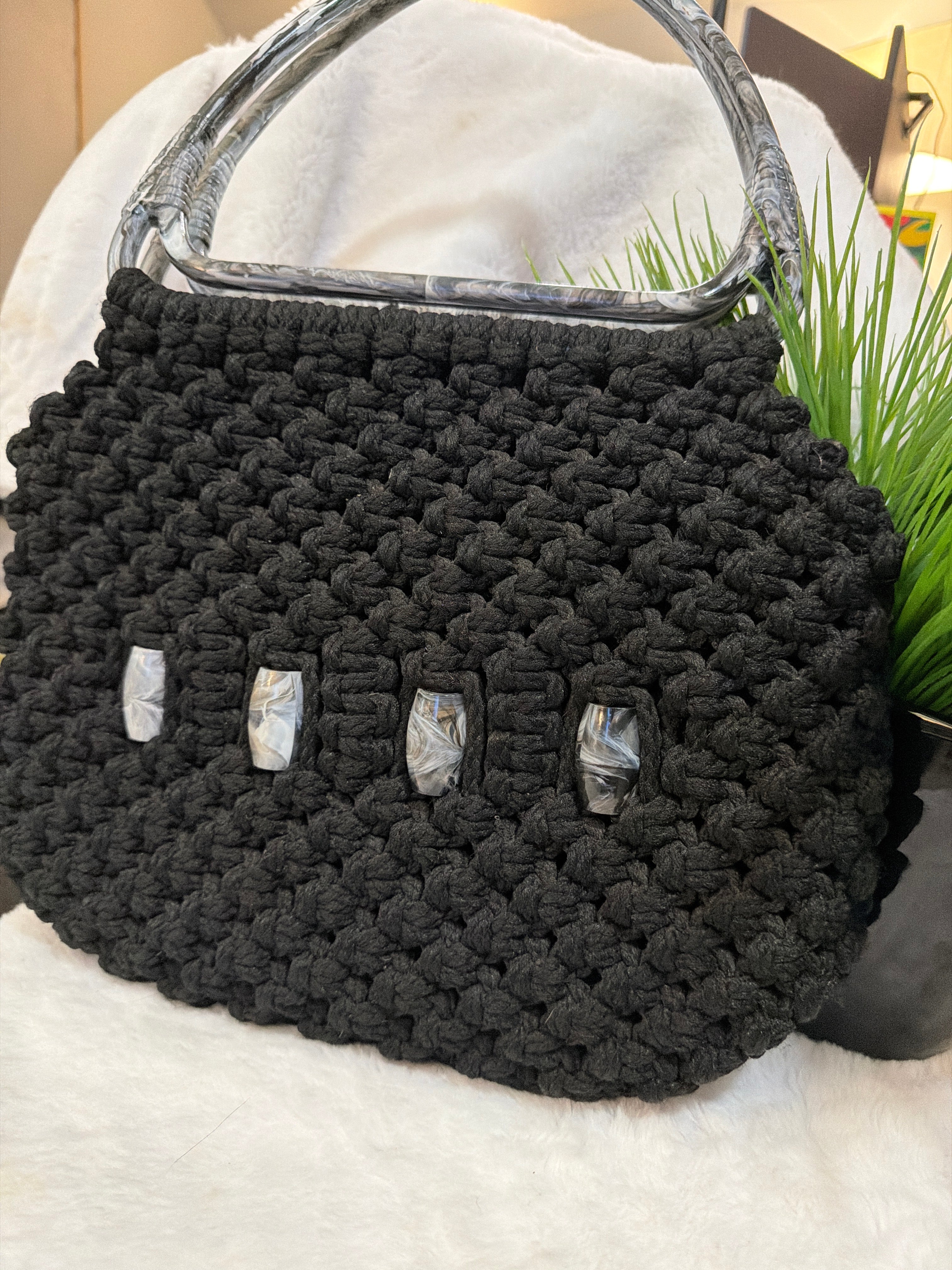 Black and grey stone Maccrome Bag, $25.00