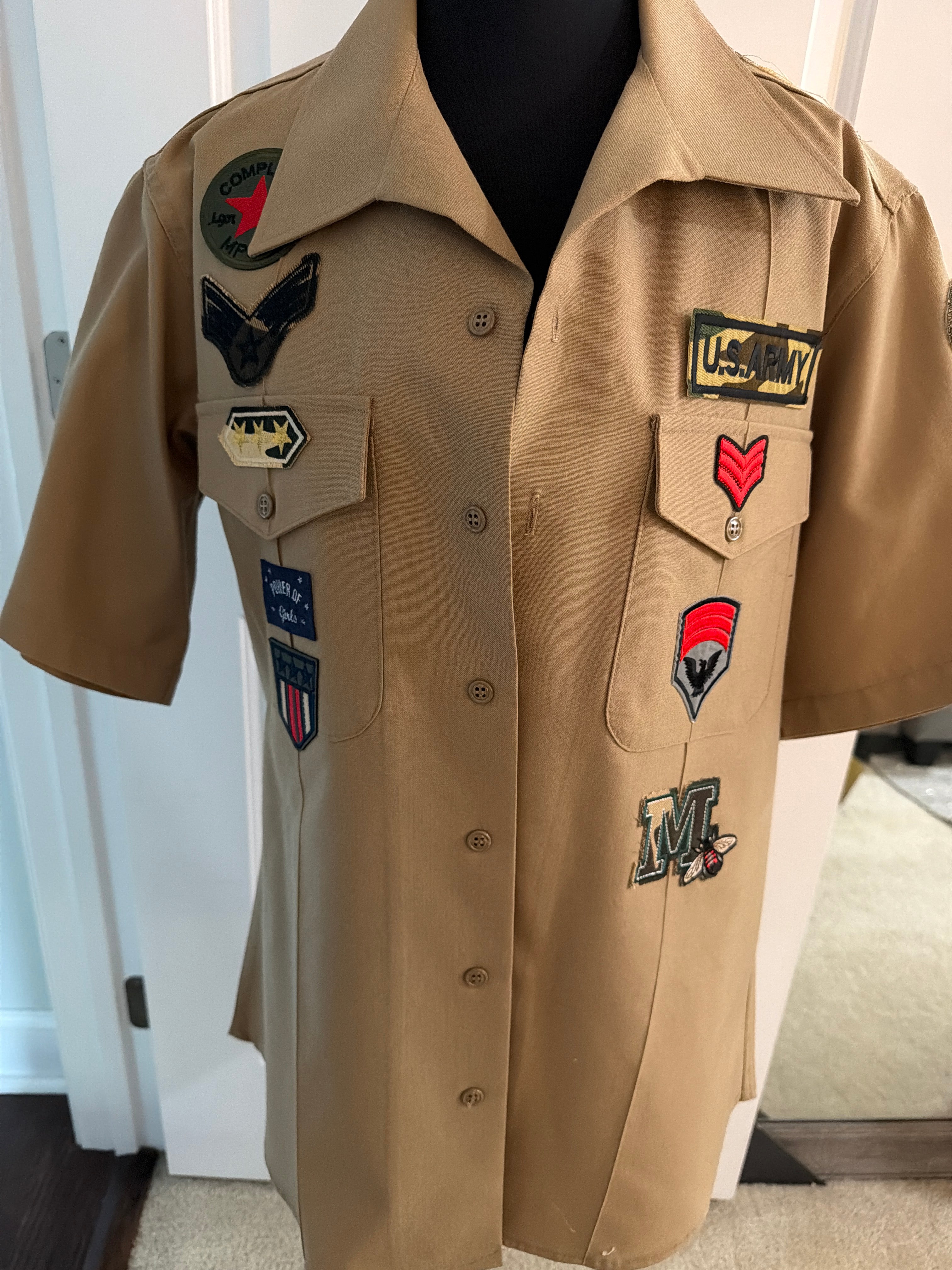 Military Grade Short Sleeved Tan shirt with JayLady ironed on patches, $14.00, size XL (feels like M/L)