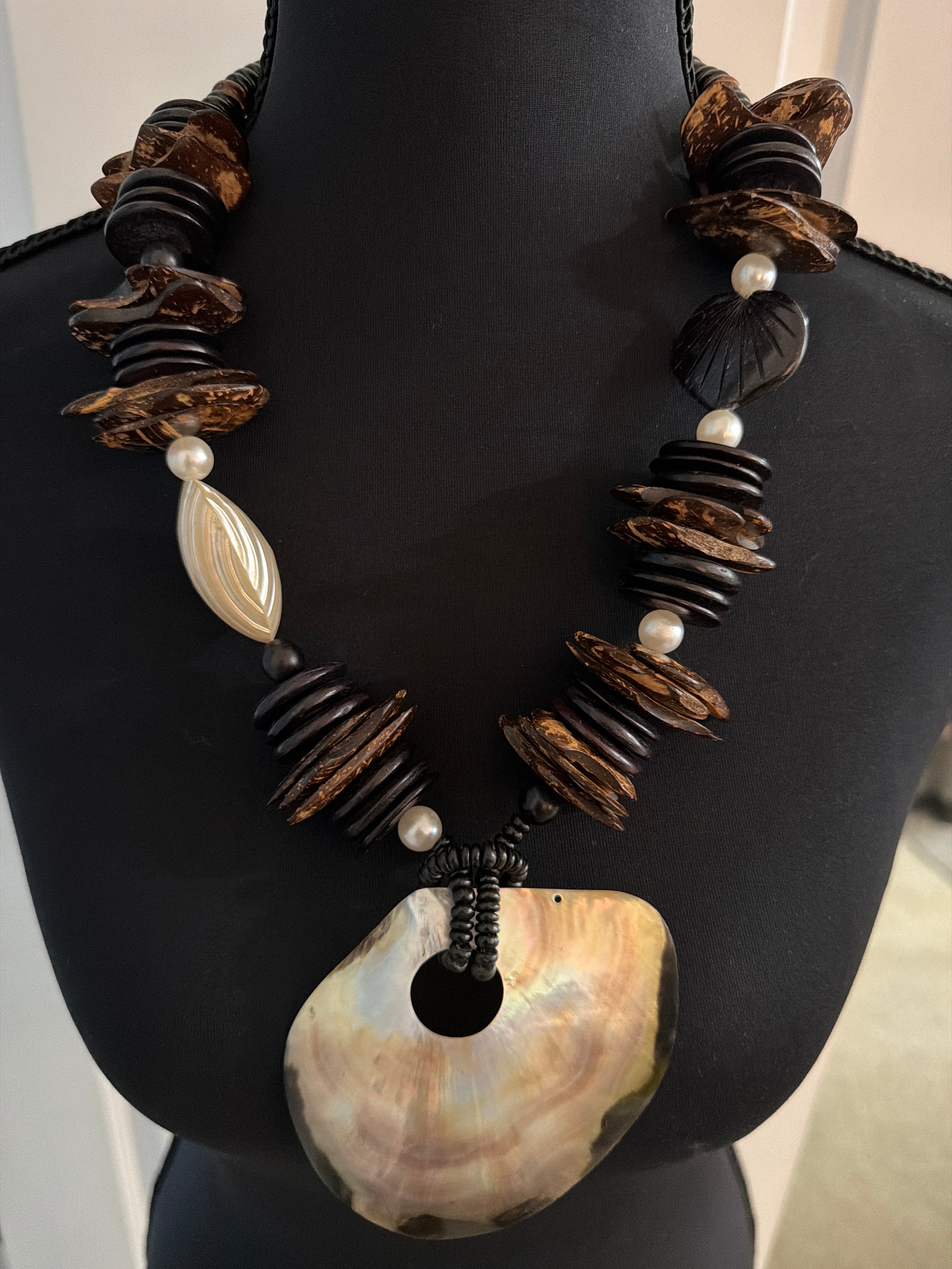 Boho necklace with shell pendant, 14” long, $30.00