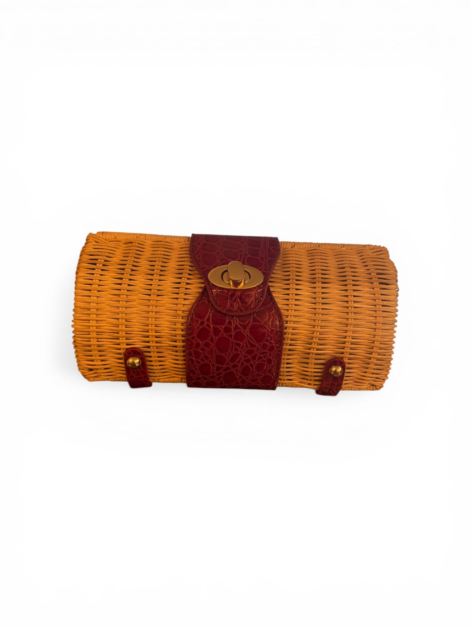 No brand, Rattan/Straw Clutch w/ Gold accents and attached chain, $15.00