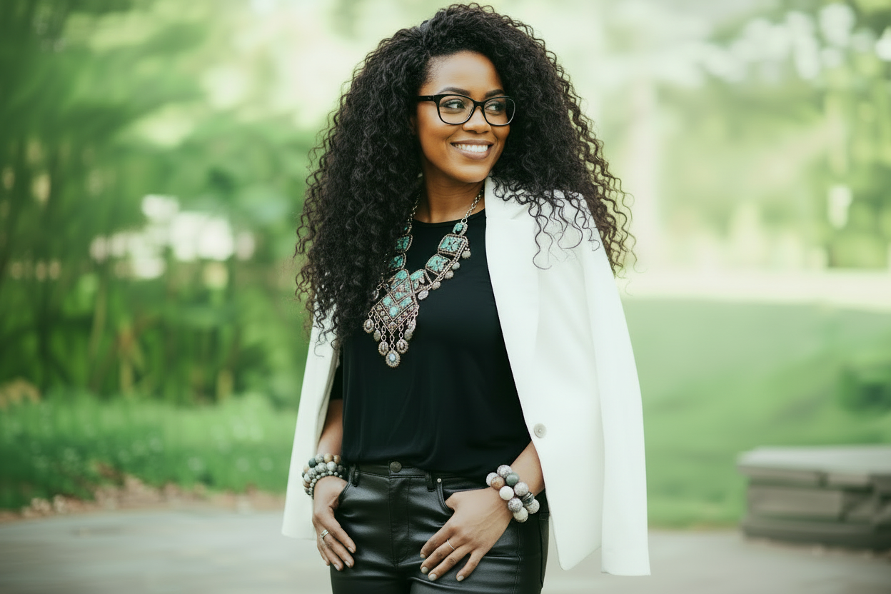 Black woman with long curly hair smiling confidently