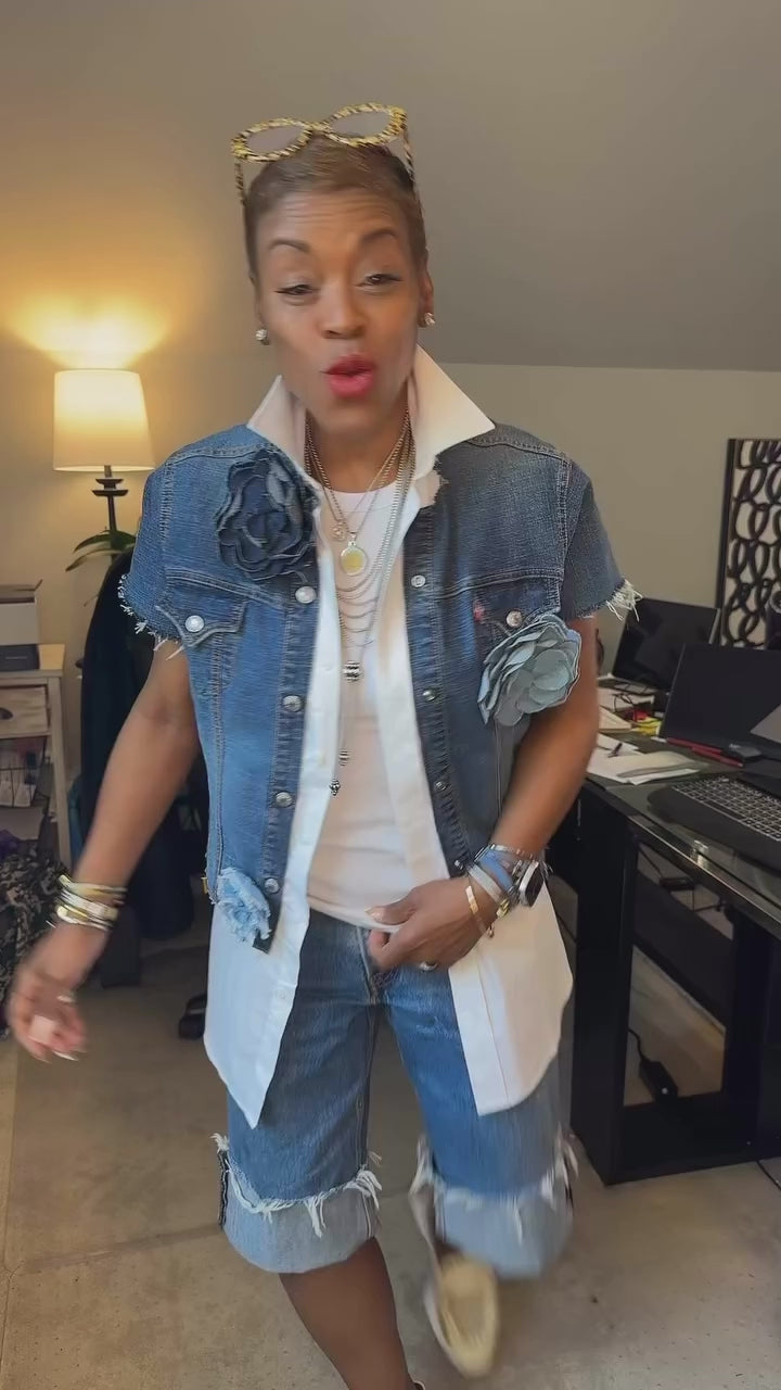 JayLady#1 Sleeveless Upcycled Jean Jacket, Feels like size M